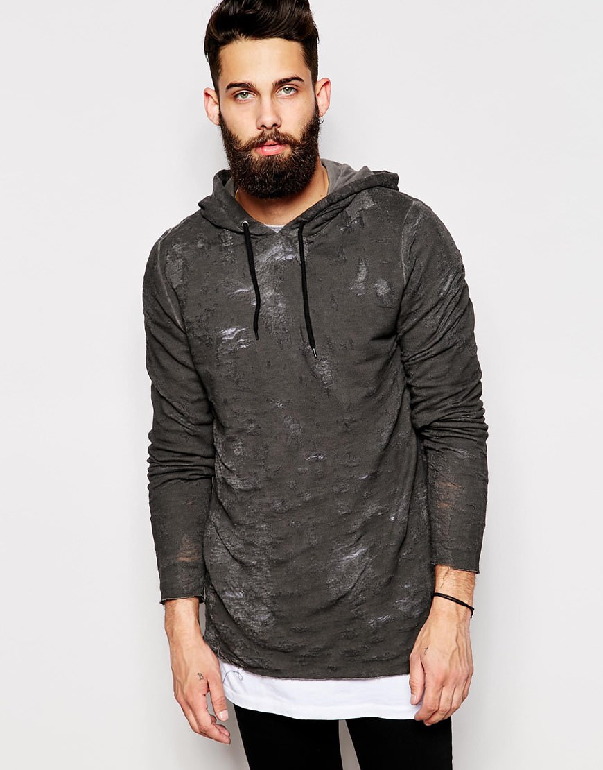 Longline Hoodie With Oil Wash & Distressed Effect - antspam